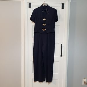 Retro Scarlett 1 Piece Jumpsuit Wide Leg Pleat Front Womens 7/8 Navy Gold